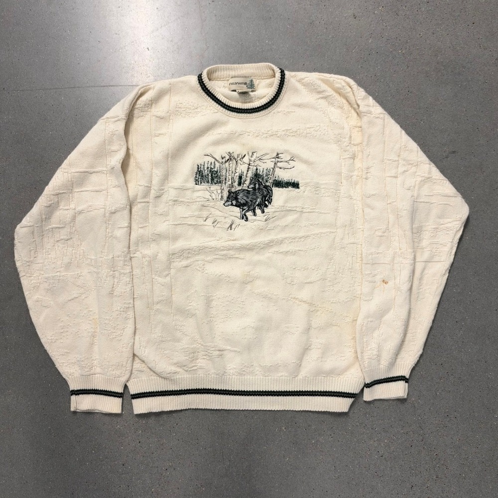 Fieldmaster Mens Large Cream Cotton Knit Wolf Embroidered Sweater Made in USA